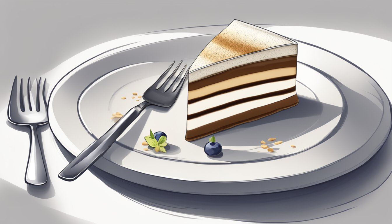 A modern take on eating tiramisu: a slice of the dessert on a contemporary plate with a decorative garnish, accompanied by a fork