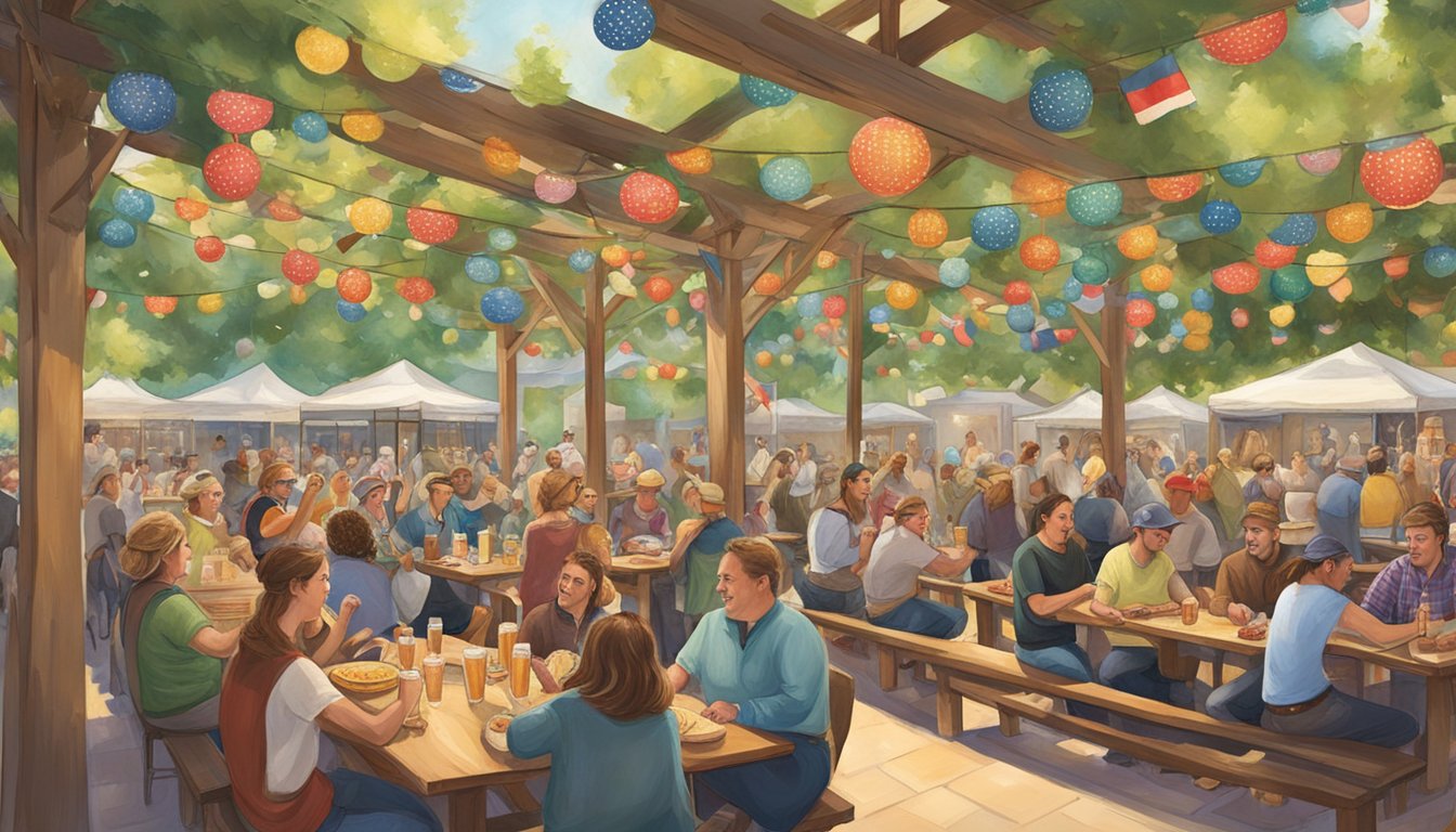 A bustling Biergarten in Texas, filled with long communal tables, colorful decorations, and lively music. Patrons enjoy traditional German-Texan food and beer pairings amidst the festive atmosphere