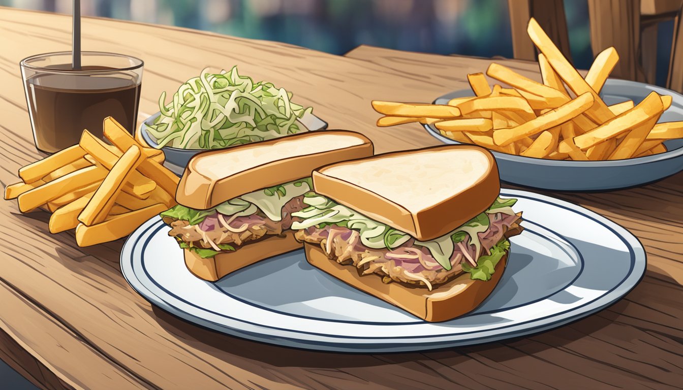 A plate with a tuna melt sandwich, a side of crispy fries, and a small dish of tangy coleslaw on a wooden table