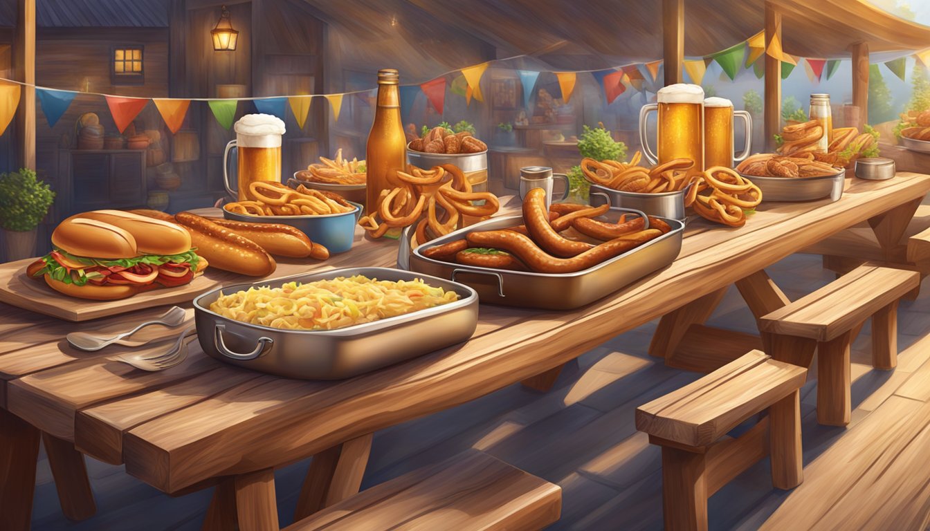 A festive outdoor scene with long wooden tables filled with traditional German-Texan Oktoberfest food, including bratwurst, sauerkraut, pretzels, and beer steins