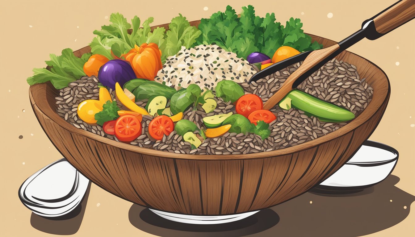 A wooden bowl filled with wild rice, colorful vegetables, and dressing being tossed together with a pair of salad tongs