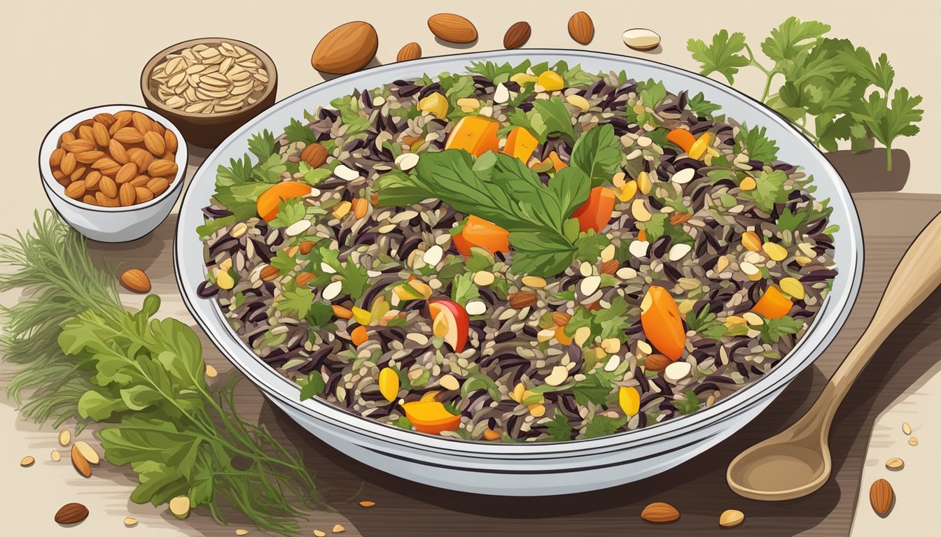 A bowl of wild rice salad surrounded by fresh vegetables and a variety of nuts and seeds, with a bottle of vinaigrette on the side