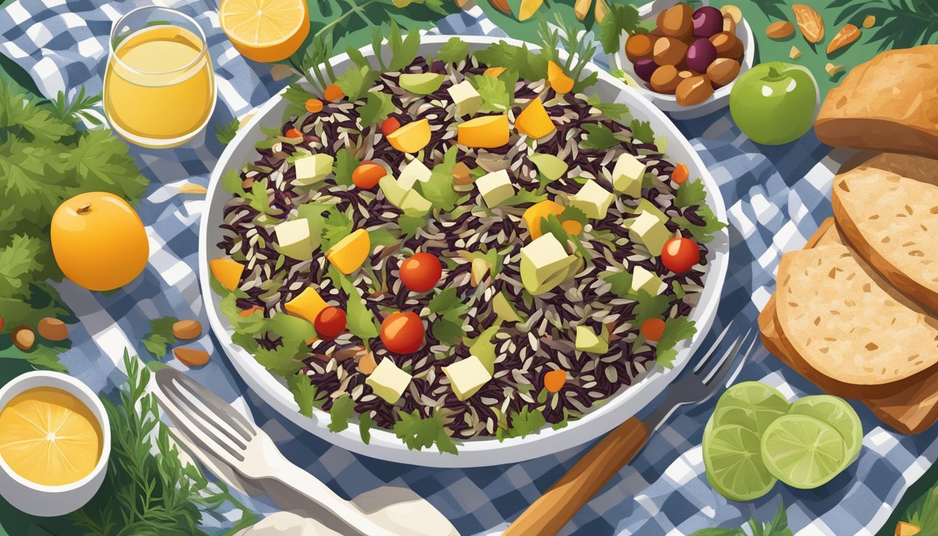 A colorful wild rice salad being enjoyed outdoors on a picnic blanket, surrounded by fresh ingredients and a variety of dietary options