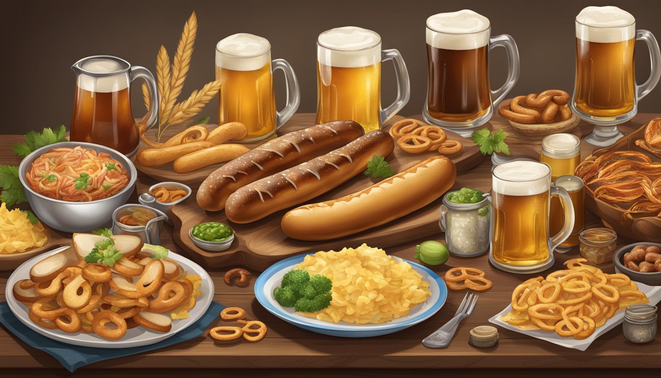 A festive table adorned with traditional German-Texan Oktoberfest foods and drinks, including bratwurst, sauerkraut, pretzels, and beer steins