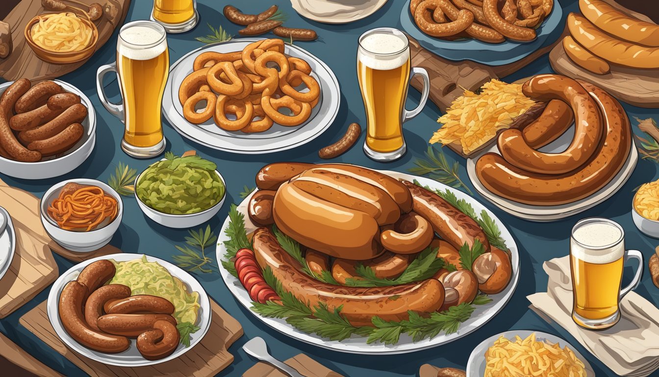 A festive table spread with German-Texan dishes, including sausages, pretzels, sauerkraut, and beer, set against a backdrop of Oktoberfest decorations