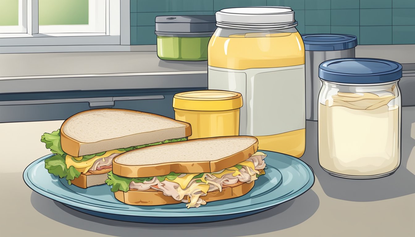 A plate with a half-eaten tuna melt sandwich, a stack of Tupperware containers for storing leftovers, and a jar of mayonnaise on a kitchen counter