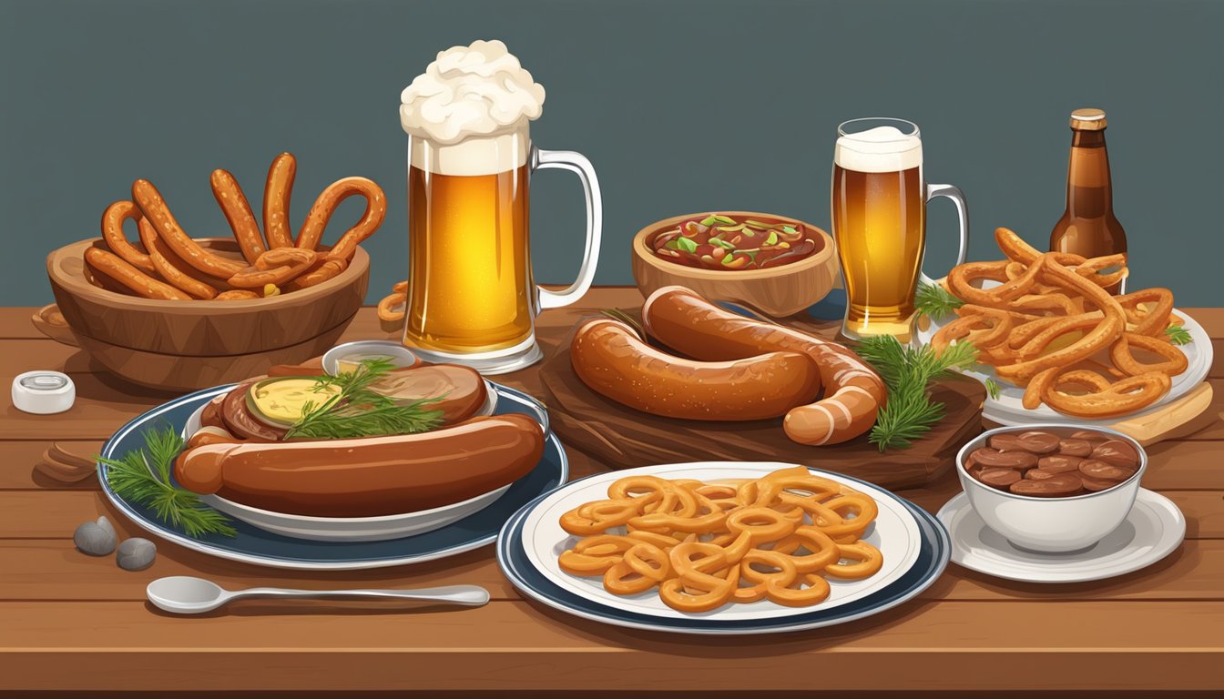 A festive table set with traditional German-Texan dishes, including sausages, pretzels, and beer, surrounded by Oktoberfest decorations