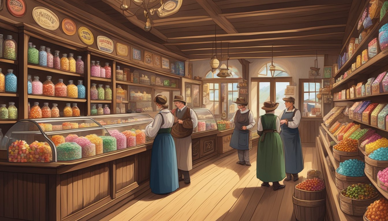 A bustling 19th century German Texan candy shop with traditional signage, wooden shelves lined with jars of colorful sweets, and customers browsing the selection