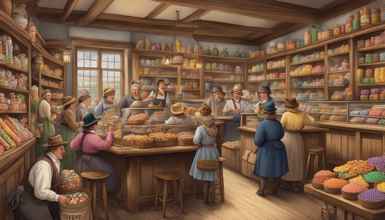 A bustling German Texan candy shop in the 1800s, with traditional treats on display and customers enjoying the sweet delights