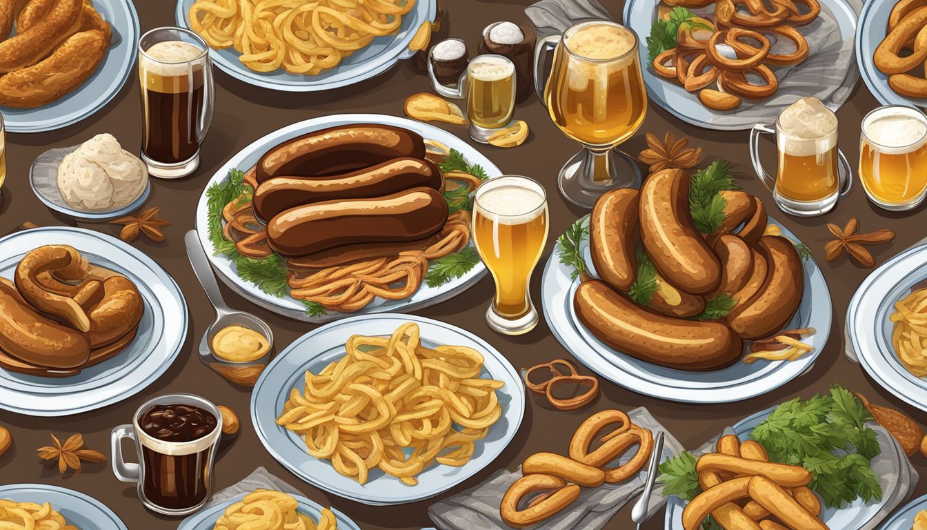 A festive table set with traditional German-Texan Oktoberfest dishes, including bratwurst, sauerkraut, pretzels, and beer steins