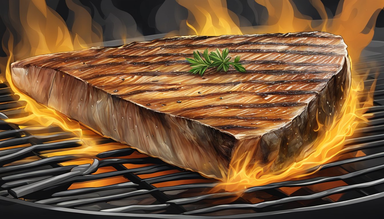 A yellowfin tuna steak being seared on a hot grill, with grill marks forming on the surface