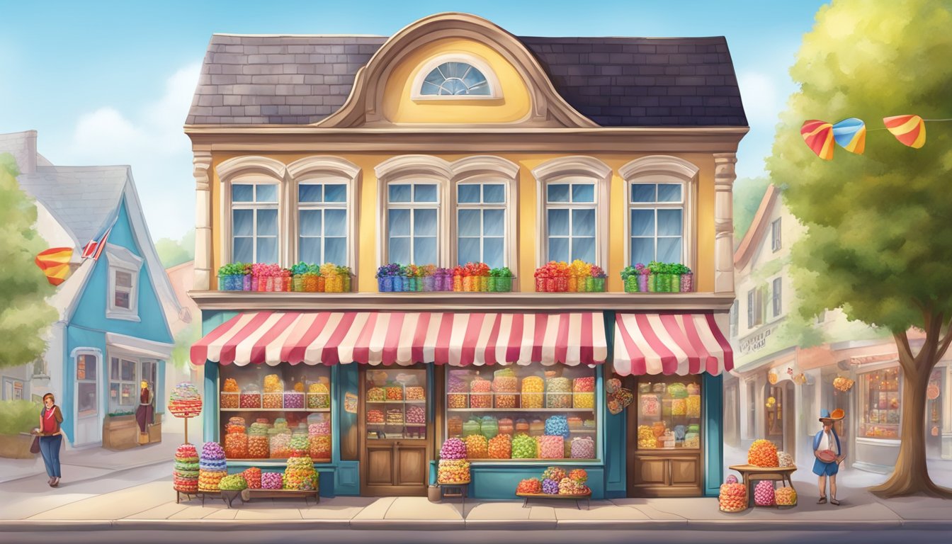 A quaint storefront with traditional German architecture, adorned with colorful candy displays and a welcoming sign showcasing the specialties and sweets of German Texan candy shops