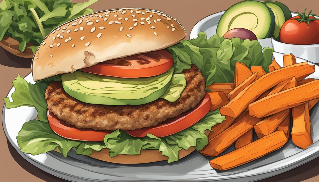 A turkey burger sits on a whole grain bun, topped with fresh lettuce, tomato, and avocado. A side of sweet potato fries and a colorful salad complete the meal