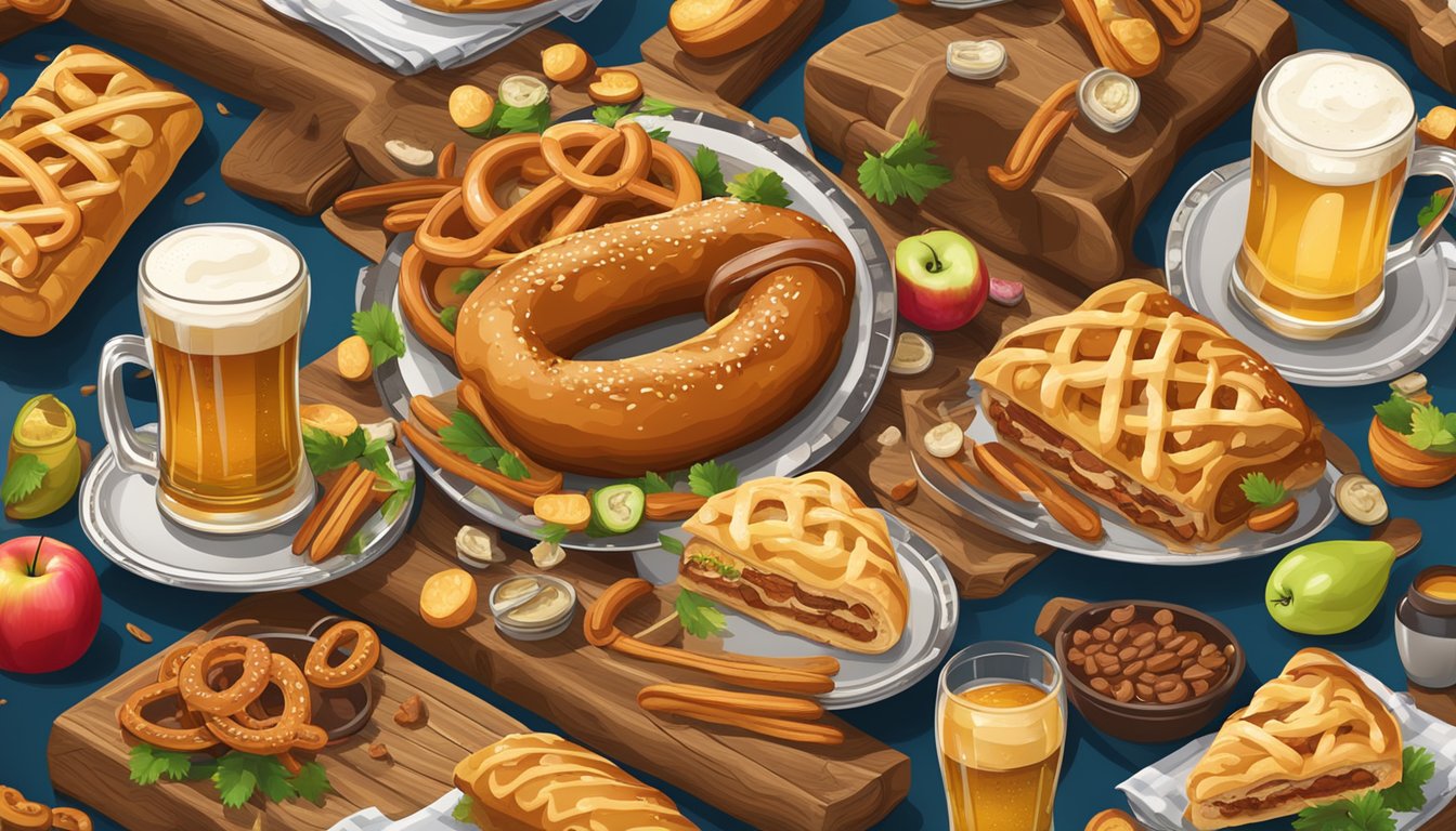 A table set with steins of beer, pretzels, bratwurst, and apple strudel, surrounded by colorful decorations and traditional German Texan Oktoberfest food