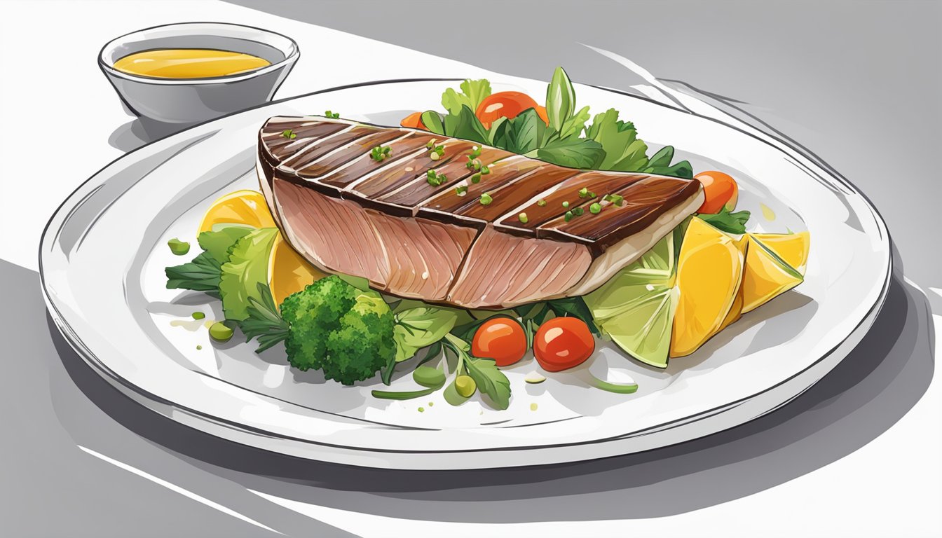 A yellowfin tuna steak is placed on a white plate with a side of colorful vegetables, garnished with fresh herbs, and drizzled with a light sauce