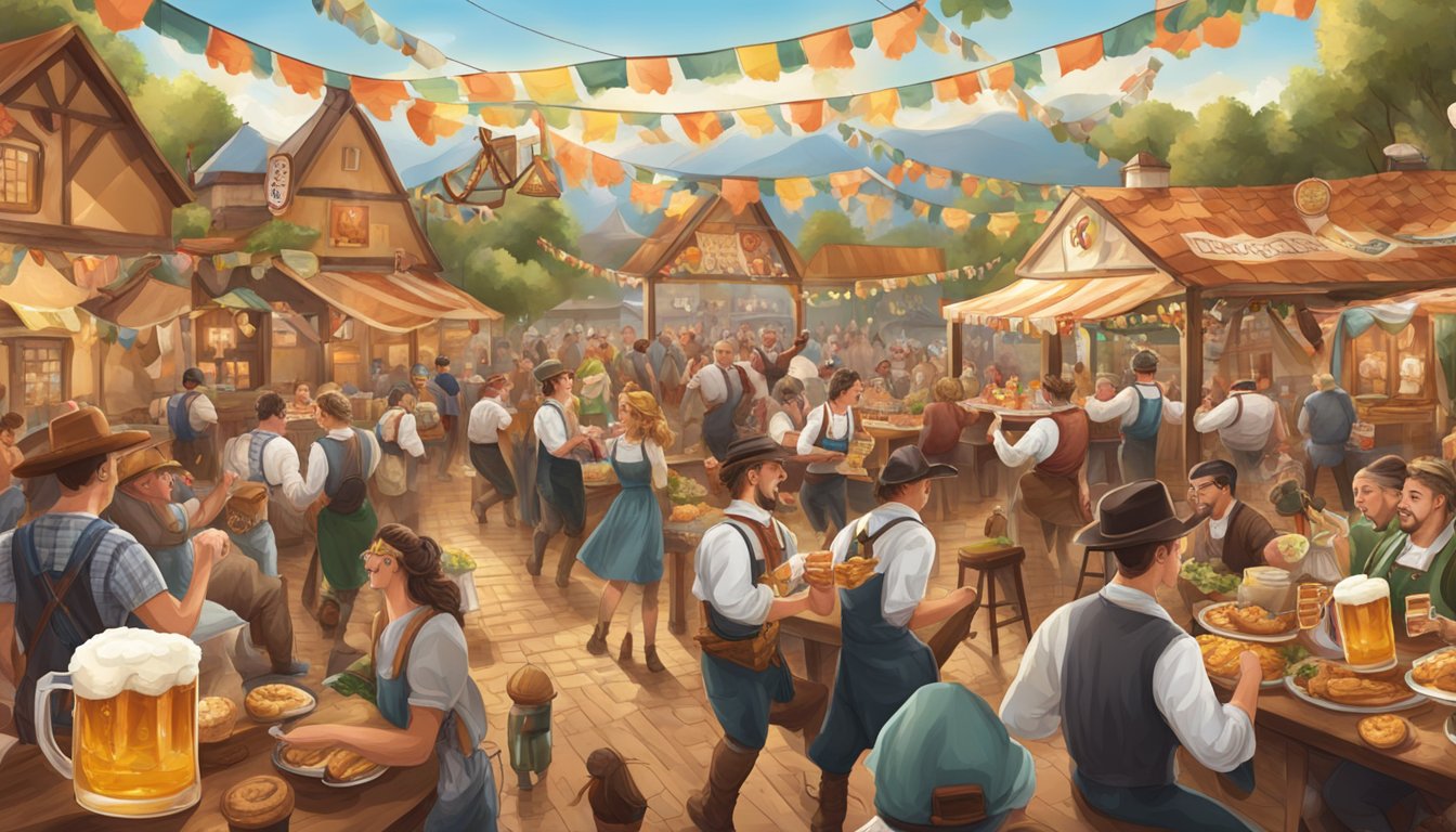 A lively Oktoberfest scene with German-Texan food, music, and traditional decorations