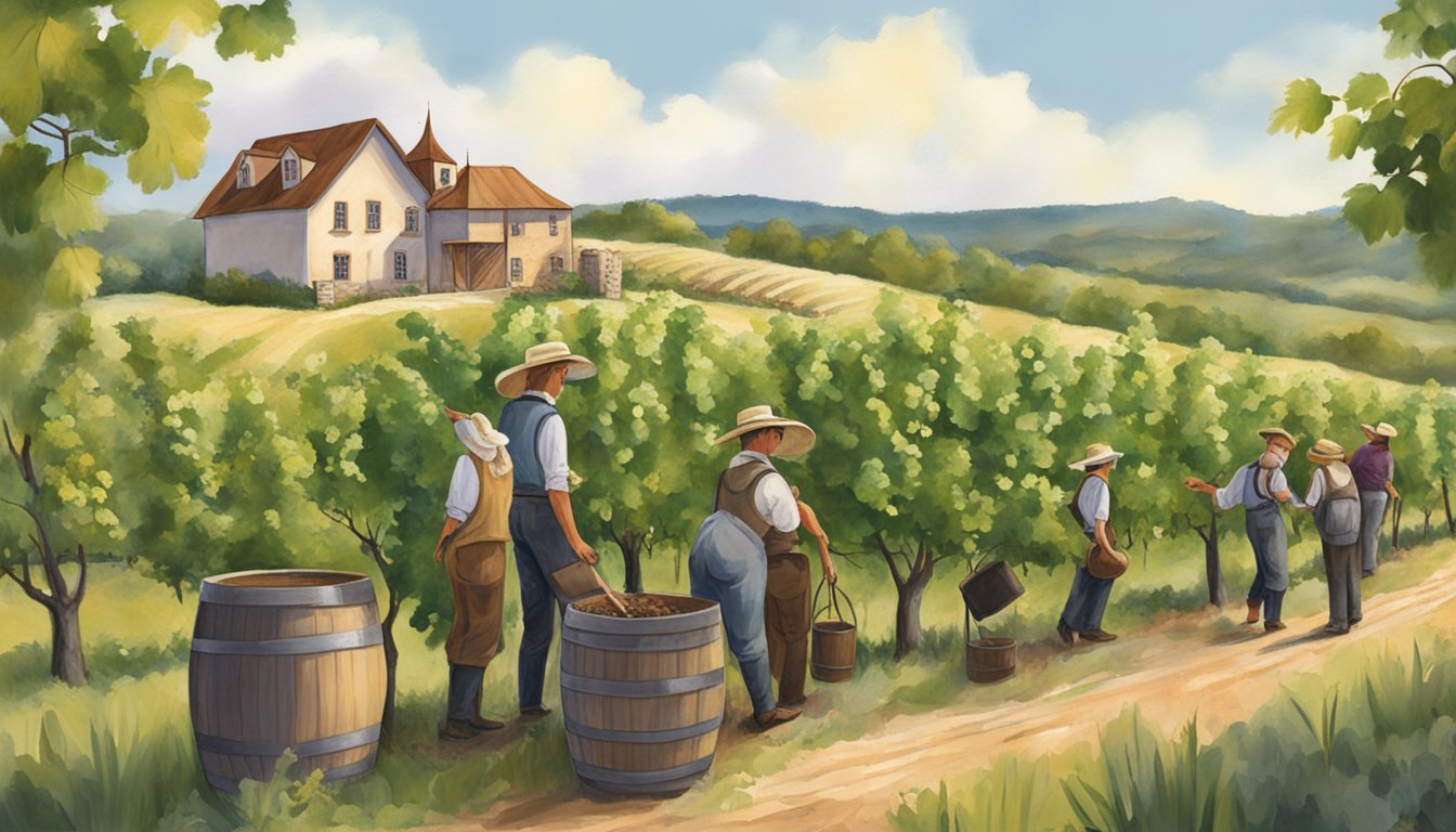 A group of German immigrants planting grapevines in the Texas Hill Country, with a winery in the background and barrels of aging wine