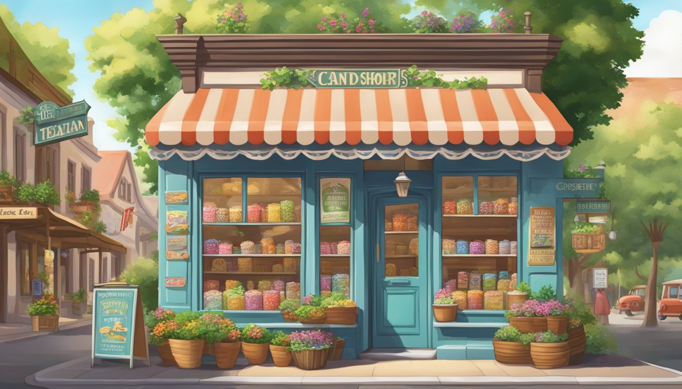 A quaint German Texan candy shop with traditional architecture and signage, surrounded by lush greenery and bustling with customers