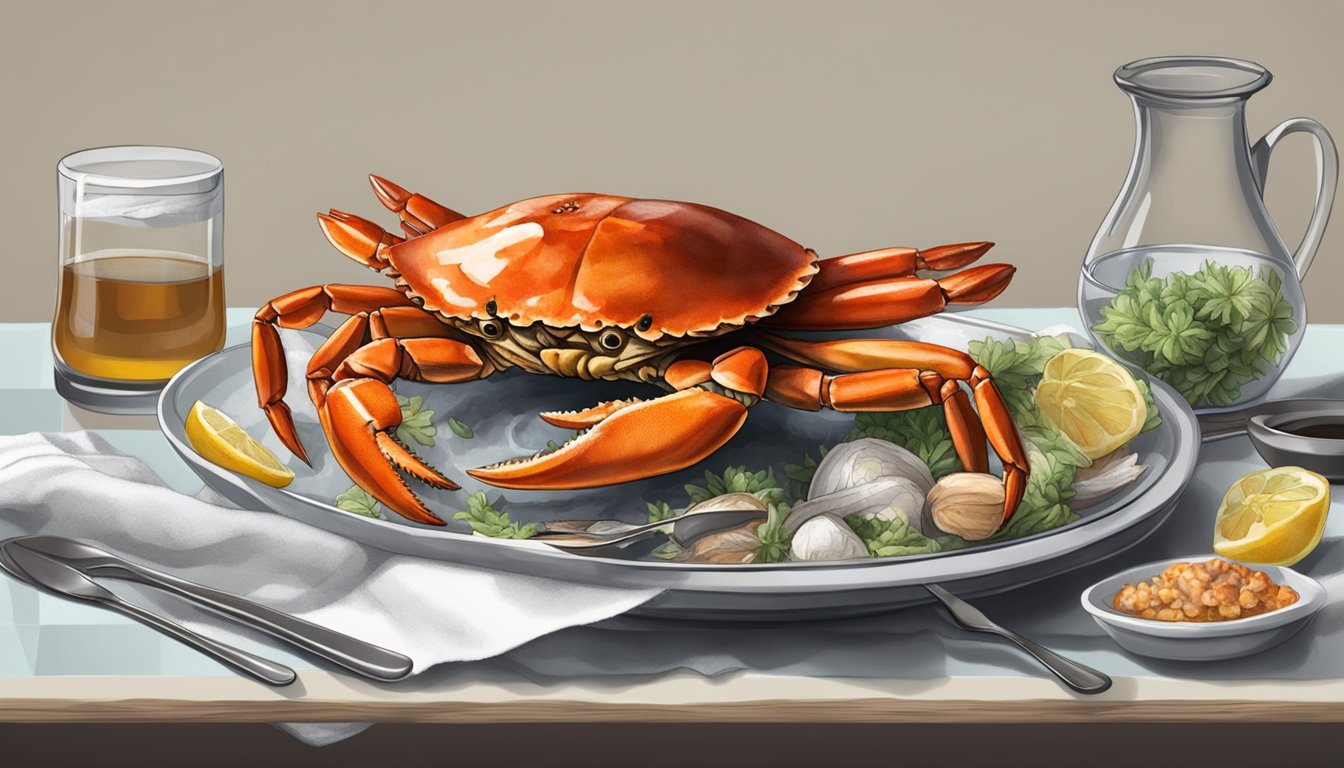 A whole crab on a plate, surrounded by various utensils and napkins. The crab is cracked open, revealing the succulent meat inside