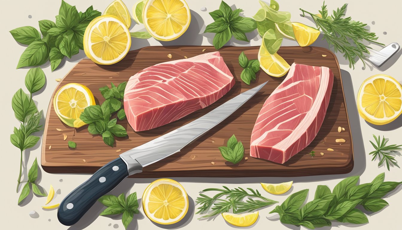 A yellowfin tuna steak being sliced with a sharp knife on a wooden cutting board, surrounded by fresh herbs and lemon slices