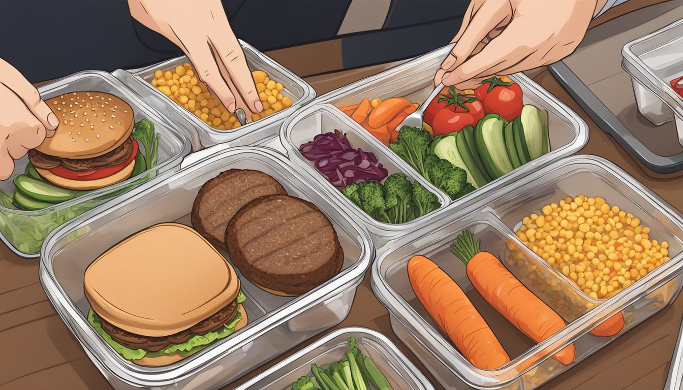 A turkey burger being placed into a meal prep container, alongside neatly arranged compartments of vegetables, grains, and condiments