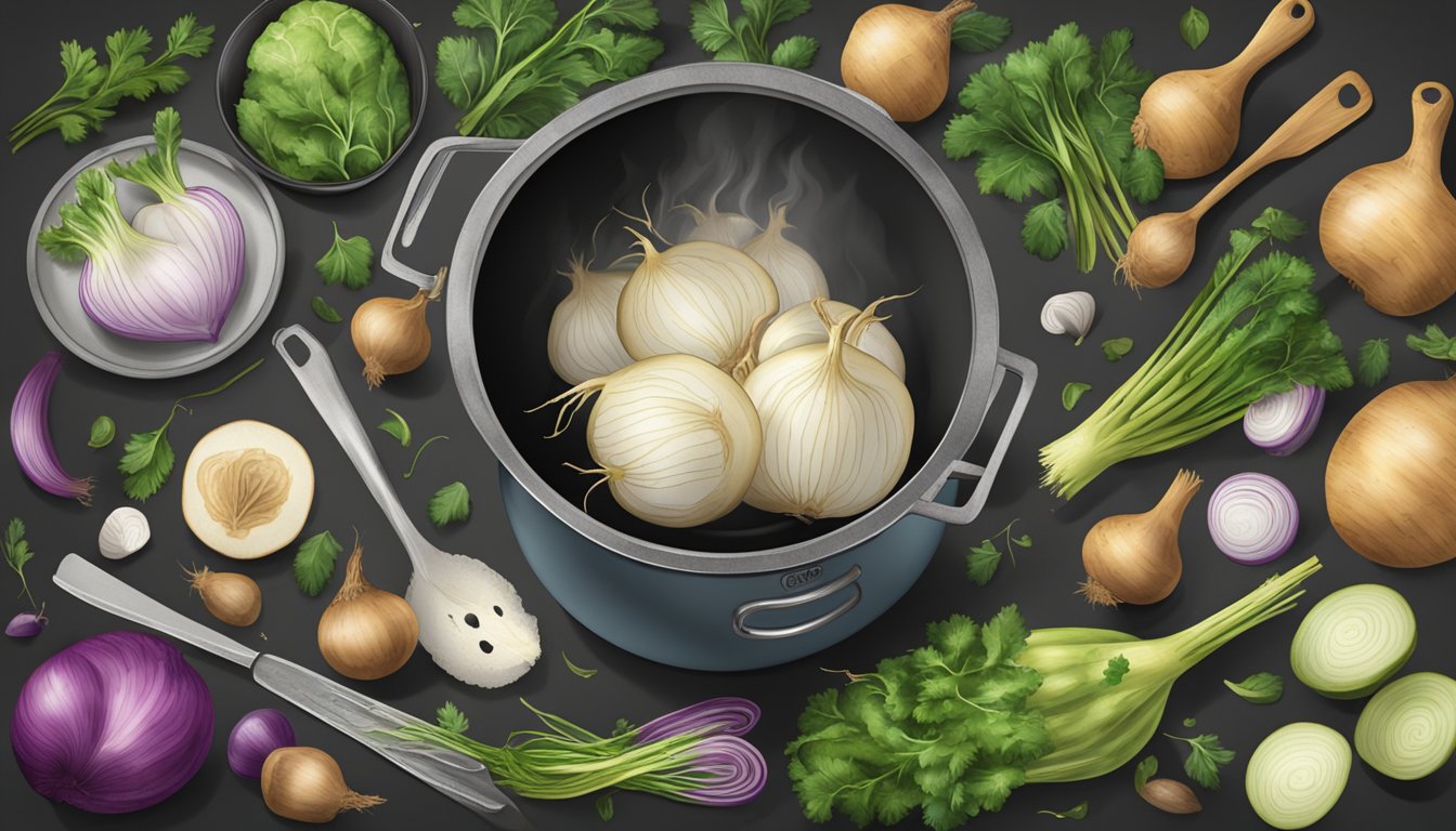 A turnip being sliced and cooked in a pot over a fire, surrounded by various cooking utensils and ingredients