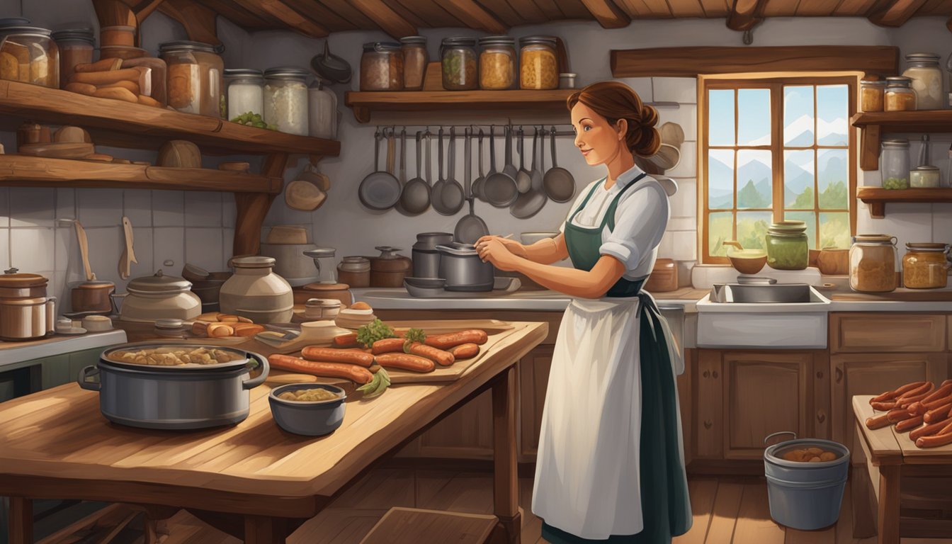 A traditional German Texan kitchen with shelves of preserved foods and hanging sausages, a large wooden table covered in jars and crocks, and a woman in a white apron working at a large cast-iron stove