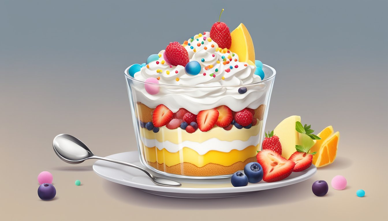 A trifle dish with layers of sponge cake, fruit, custard, and whipped cream, topped with colorful sprinkles and served with a spoon