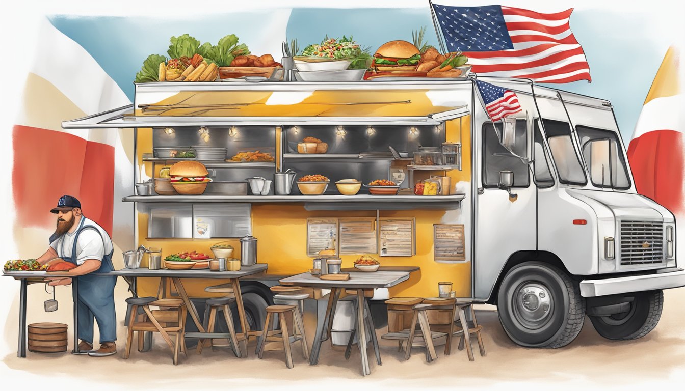 A bustling Texas food truck serving up traditional German dishes with a Texan twist, surrounded by a mix of German and Texan flags