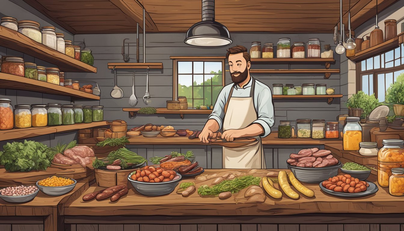 A rustic kitchen with shelves of pickled vegetables, smoked meats, and jars of sauerkraut. A butcher prepares sausages using traditional German techniques