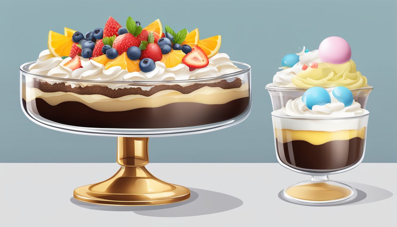 A glass trifle dish with layers of sponge cake, custard, fruit, and whipped cream, topped with shavings of chocolate or sprinkles