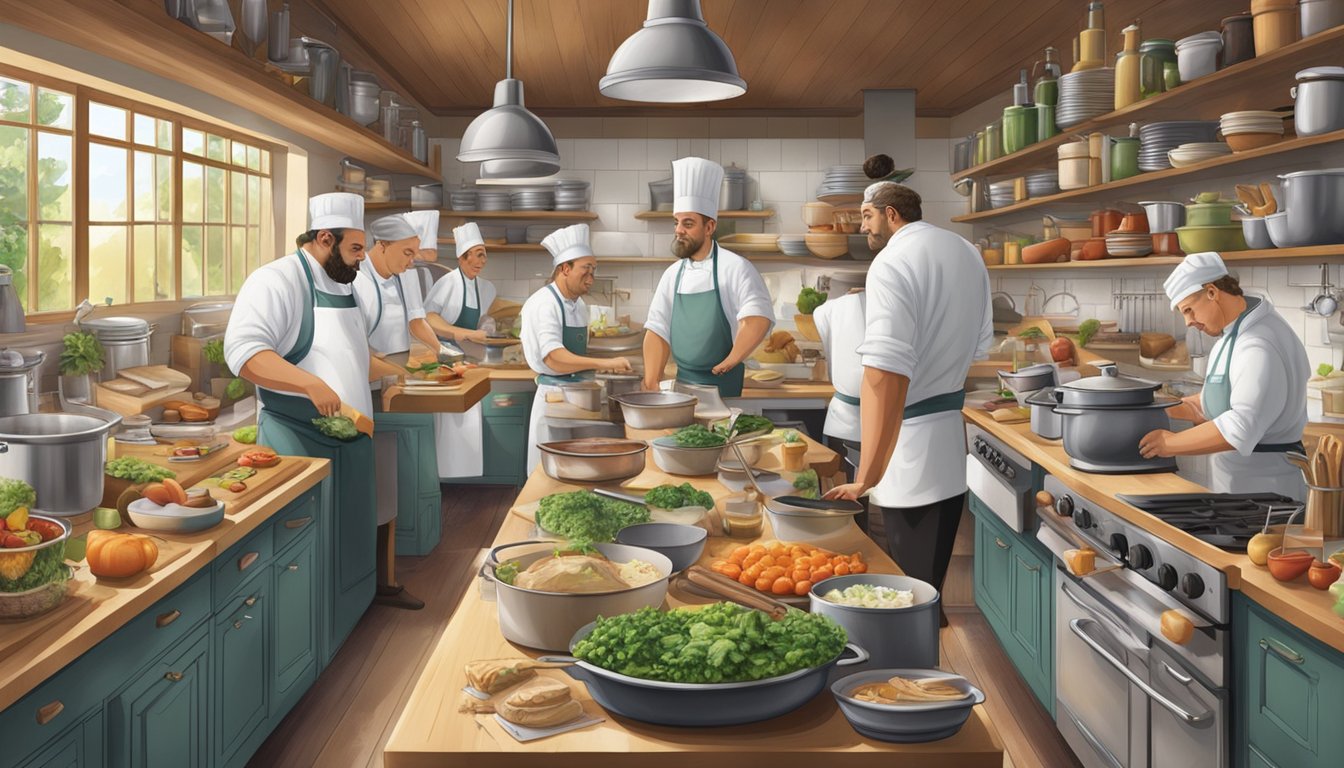 A bustling kitchen filled with chefs preparing traditional German-Texan dishes, surrounded by shelves of cookbooks and culinary tools