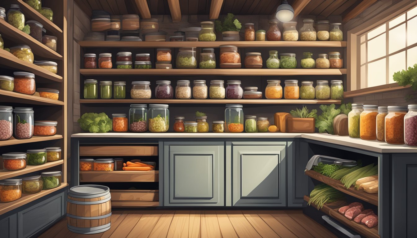 A traditional German Texan kitchen with shelves of preserved meats, pickled vegetables, and canned goods. A root cellar holds barrels of sauerkraut and jars of fermented foods