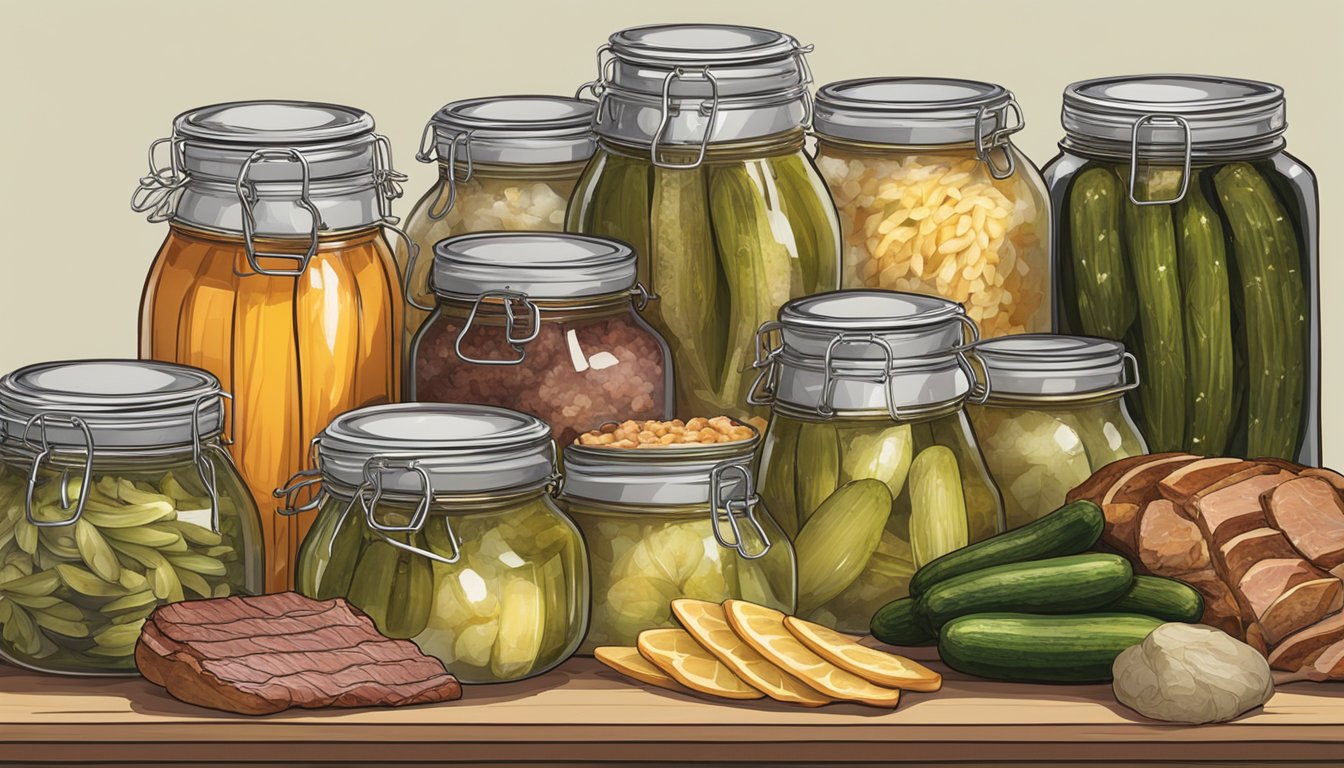 A festive table displays German Texan food preservation techniques. Jars of pickles, sauerkraut, and smoked meats are showcased alongside traditional dishes