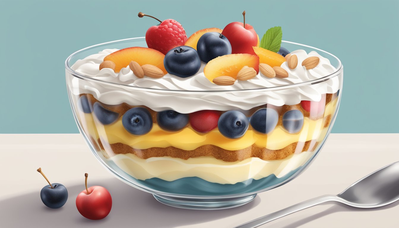 A clear glass bowl filled with layers of sponge cake, fruit, custard, and whipped cream, topped with slivered almonds and a cherry