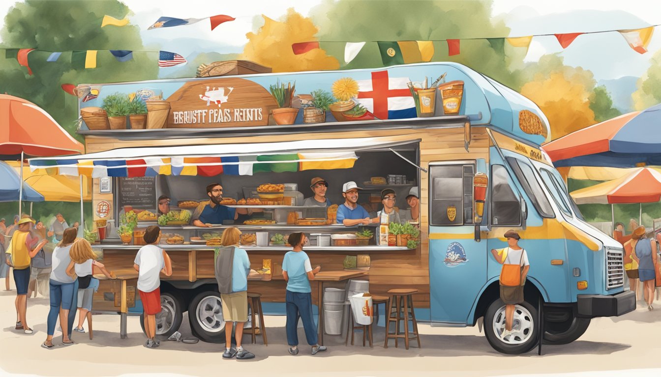 A bustling Texas food truck adorned with German flags serves up bratwurst and beer to a diverse crowd of customers