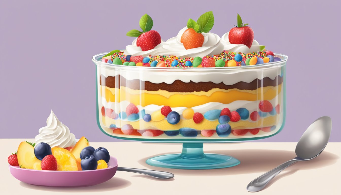 A trifle dish with layers of sponge cake, fruit, custard, and whipped cream, topped with colorful sprinkles and served with a long-handled spoon