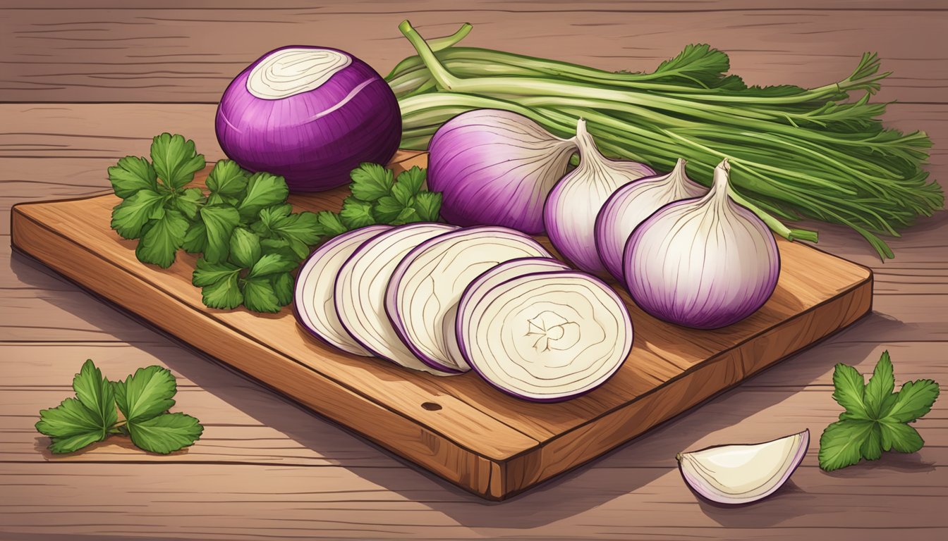 A turnip sliced and arranged on a wooden cutting board, surrounded by a variety of fresh herbs and spices