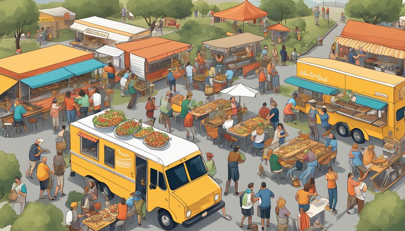 A bustling Texas food truck festival with a mix of German and Texan cuisine. Bratwurst, sauerkraut, and pretzels alongside BBQ and tacos. Folk music and traditional German beer gardens add to the lively atmosphere