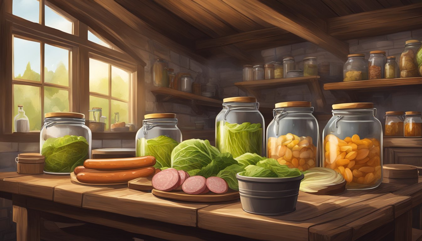 A German Texan family jars pickled sausages and cabbage in a rustic kitchen. Smokehouse in the background