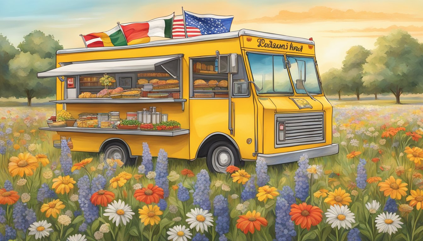 A Texas food truck adorned with German flags serves bratwurst and sauerkraut to a diverse crowd, while a field of Texas wildflowers blooms in the background