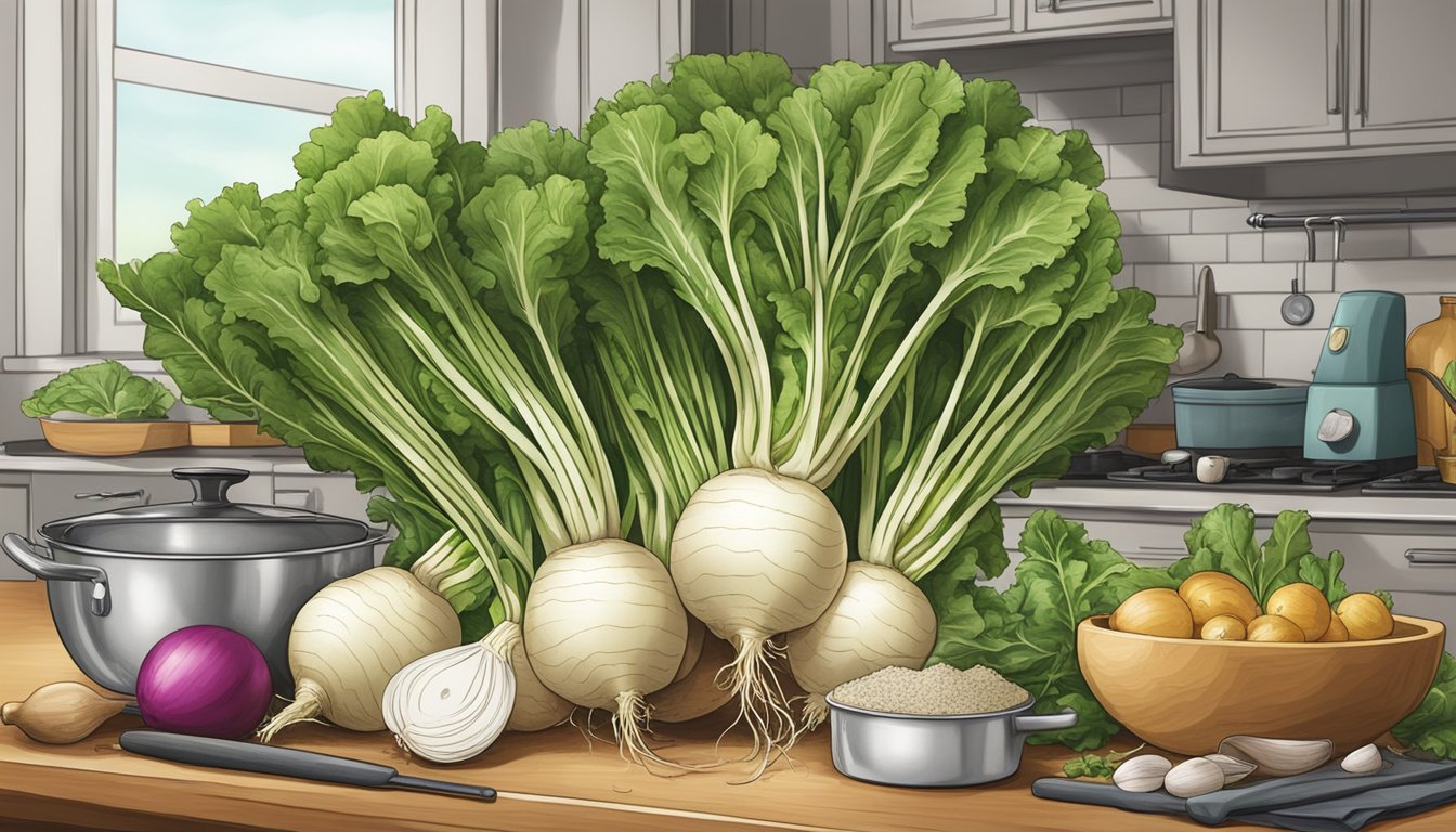 A turnip surrounded by various cooking utensils and ingredients on a kitchen counter