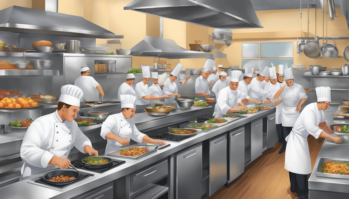 A bustling kitchen filled with chefs using cutting-edge equipment and incorporating fusion flavors in their dishes at a German Texan culinary school