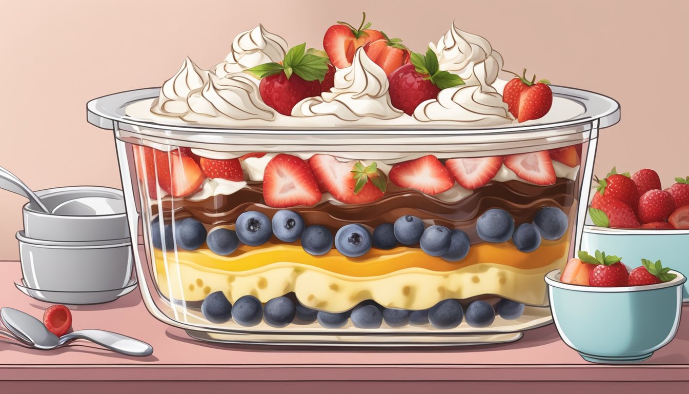 A trifle dish with layers of sponge cake, custard, fruit, and whipped cream, surrounded by serving spoons and stored in a refrigerator