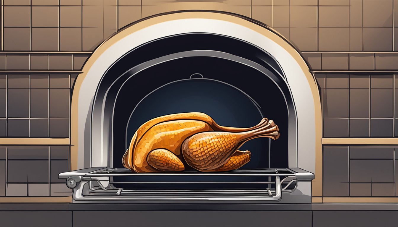 A turkey drumstick roasting in the oven at 350°F