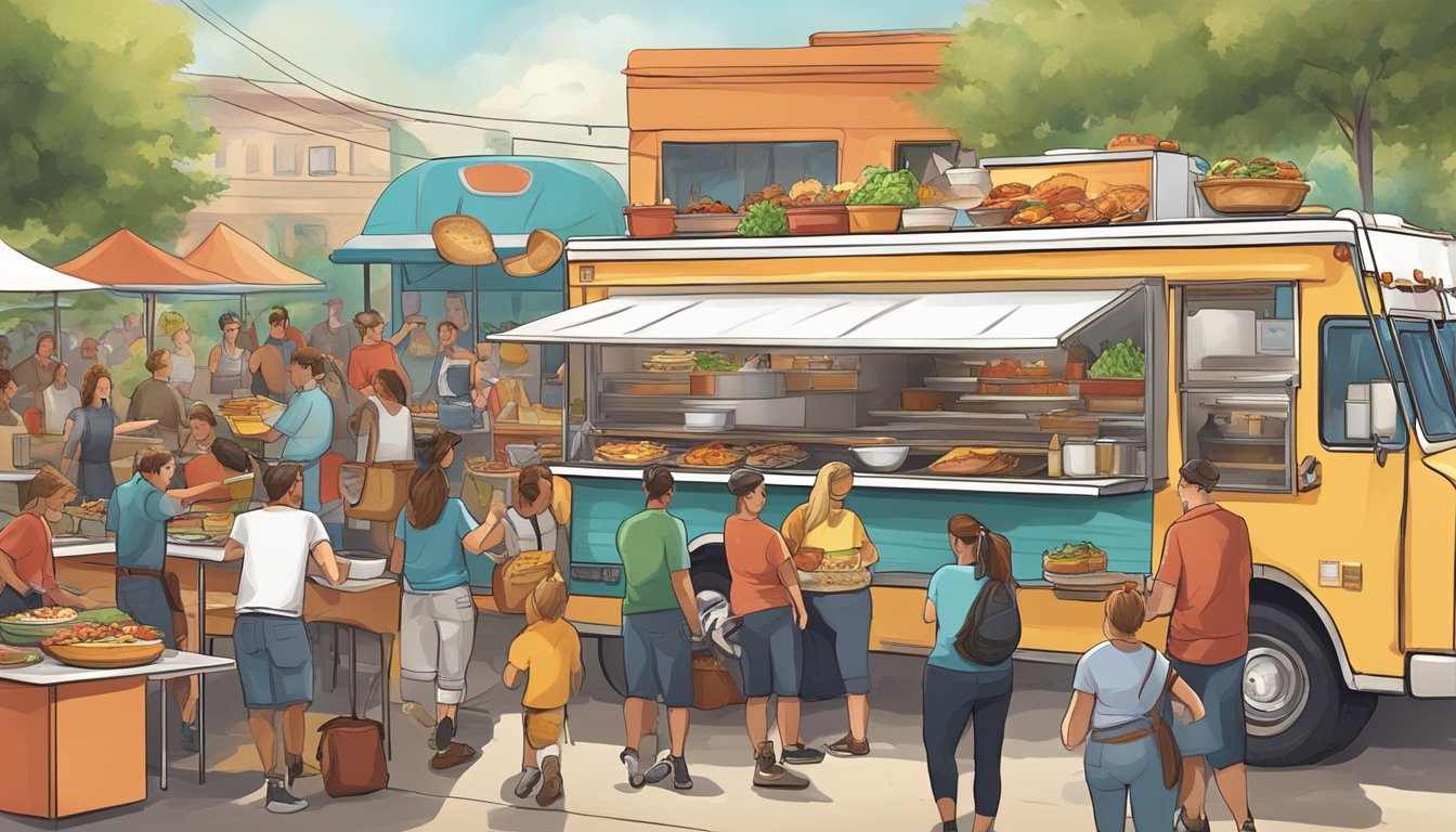 A bustling Texas food truck scene with traditional German dishes being served alongside Tex-Mex and BBQ options, showcasing the fusion of German cuisine with the local food culture