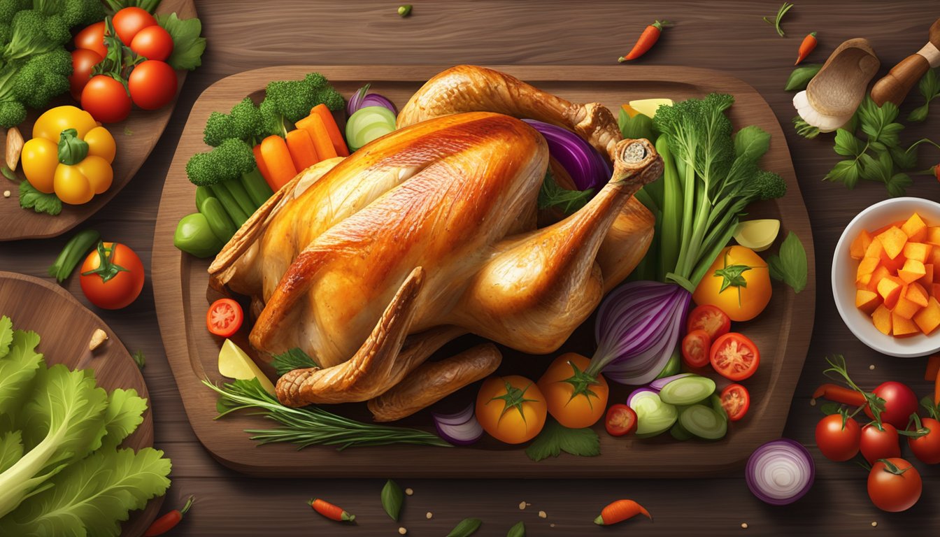 A roasted turkey drumstick on a rustic wooden platter, surrounded by colorful vegetables and garnished with fresh herbs