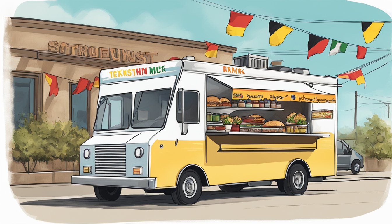 A Texas food truck adorned with German flags serves up bratwurst and sauerkraut to a long line of hungry customers