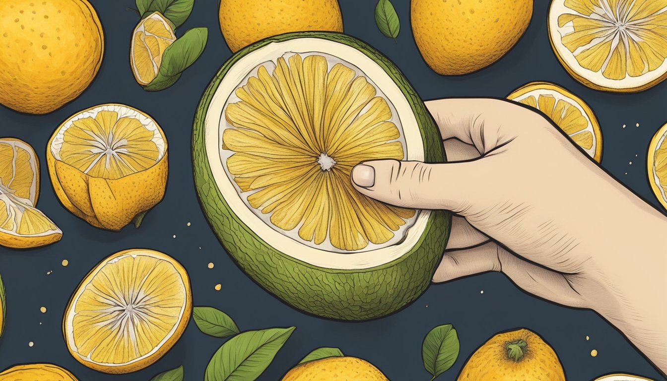 A hand holding a ugli fruit, peeling back the thick, bumpy skin to reveal the juicy, citrusy flesh inside