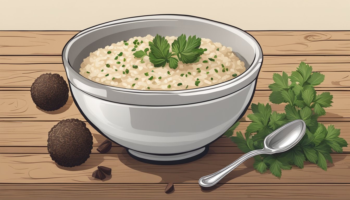 A bowl of creamy truffle risotto sits on a rustic wooden table, garnished with shaved truffles and fresh herbs. A silver spoon rests beside the bowl